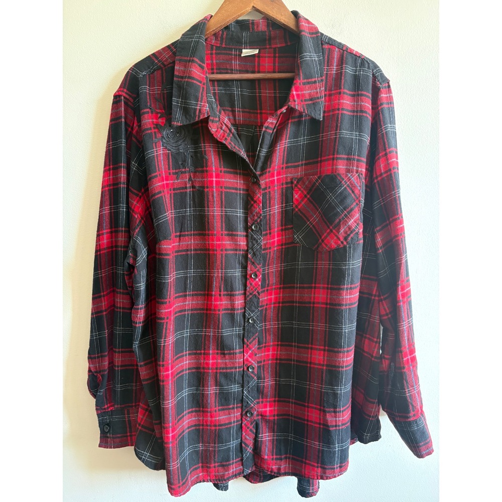 Terra & Sky Red Black Plaid Flannel Button Up Shirt Plus Size